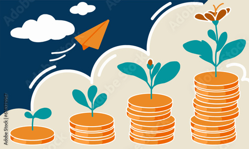 Illustration vector graphic of stack coins with plants. Fit for financial planning, investment strategies, business and finance blogs, marketing collaterial, social media graphics, financial education