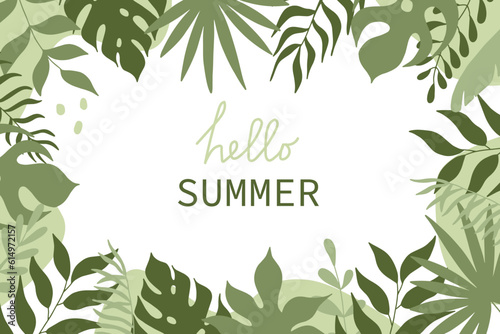 Hello summer banner. Tropical background with palm leaves. Jungle vector illustration.