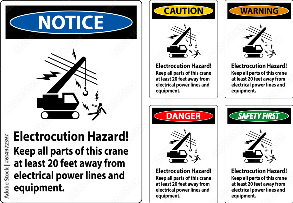 Caution Sign Electrocution Hazard, Keep All Parts Of This Crane At Least 20 Feet Away From Electrical Power Lines And Equipment
