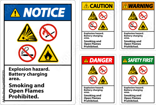 Danger Sign Explosion Hazard, Battery Charging Area, Smoking And Open Flames Prohibited