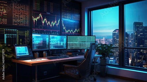 Stock market and trading screen monitors on the table. generative AI