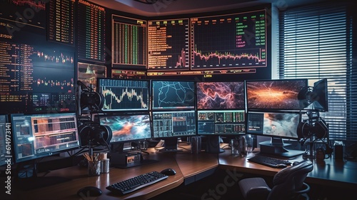 Stock market and trading screen monitors on the table. generative AI