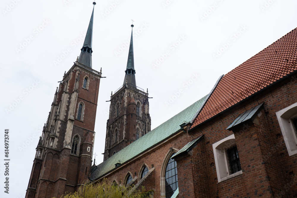 Details of Wroclaw Cathedral in Tumski island. Historical capital of Silesia, Europe. City hall architecture buildings. Old town landmark cathedrals church. Travel tourist destination 
