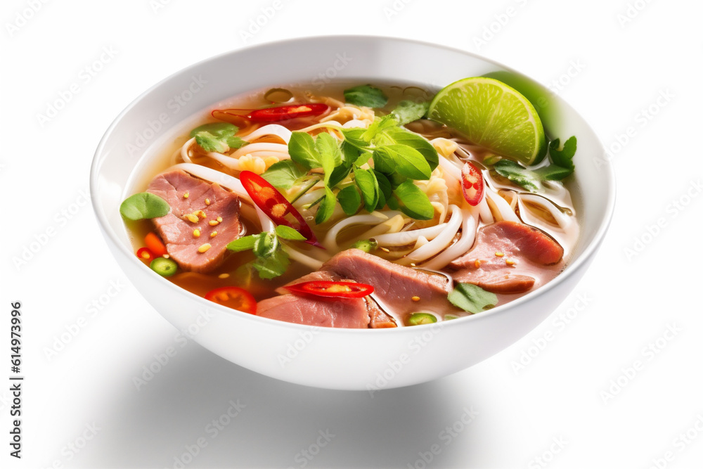dinner traditional food dish white bowl asian noodle background broth soup. Generative AI.