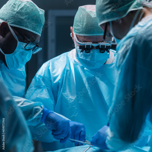 Team of medical doctors performs surgical operation in modern operating room using high-tech technology. Surgeons are working to save the patient in the hospital. Medicine, health and science.