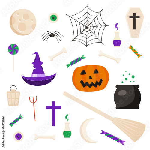Vector set of spooky Halloween symbols isolated. Cobweb and spider, moon and crescent, candies, cauldron, gravestone with cross, potions. Collection of simple holiday illustraions