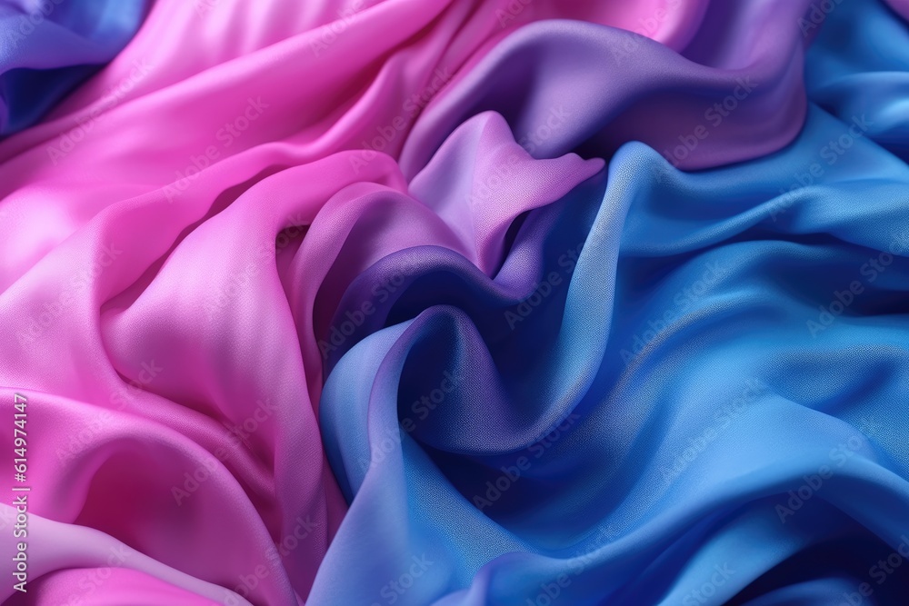 Fototapeta premium Abstract blue and pink background with folded textile ruffle. Generative AI