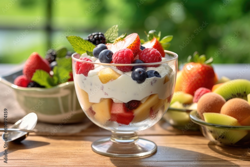 Fruit salad with yogurt on table. Generative AI Fruit salad with yogurt on table. Generative AI
