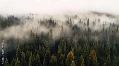 Panoramic view of forest with morning fog, aerial spaces. Generative AI © Lubos Chlubny
