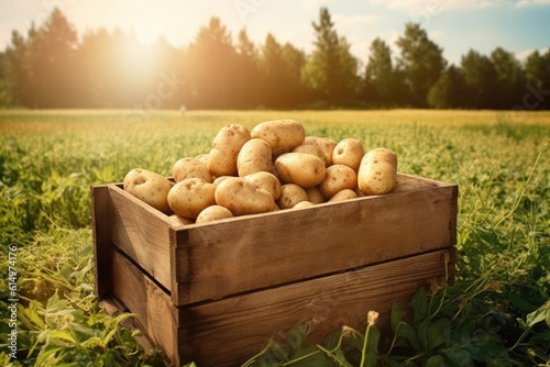 Wooden box full of potatoes in a field. Generative AI © Lubos Chlubny
