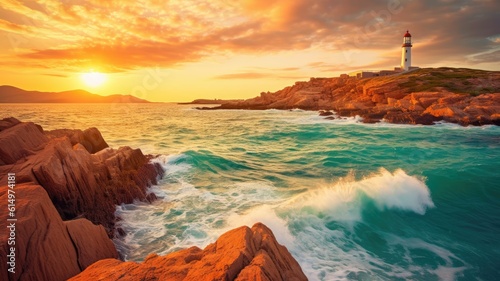 Colorful morning scene of Sardinia, Italy, Europe. Fantastic sunrise on Capo San Marco Lighthouse on Del Sinis peninsula. Generative AI photo