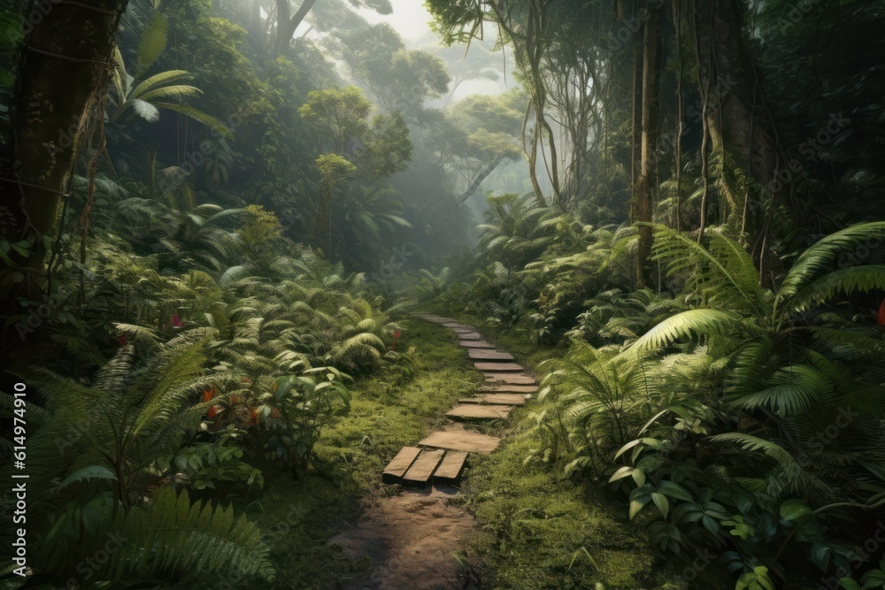 Tropical rainforest with wooden walkway and ferns, Generative AI