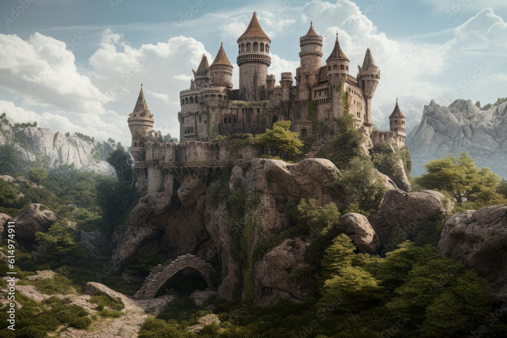 Fantasy landscape with castle on the rock. Generative AI illustration.