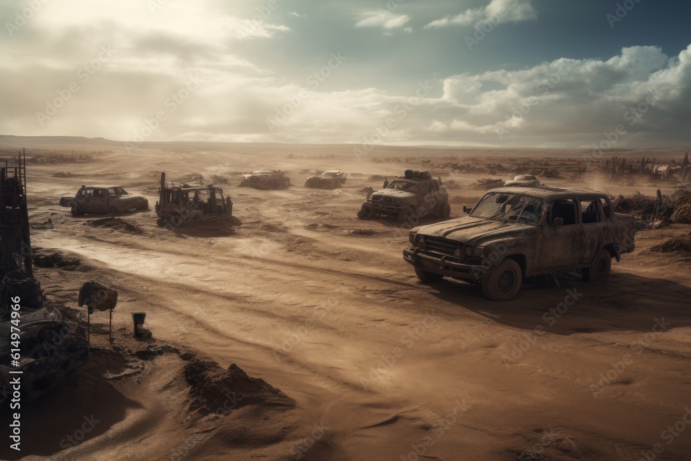 Off-road vehicle in the desert at sunset. Generative AI Off-road vehicle in the desert at sunset. Generative AI