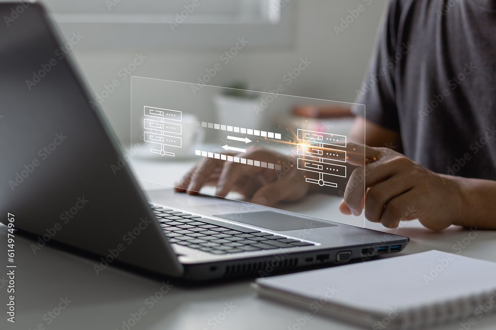 Data transfer concept. FTP(File Transfer Protocol). Transfer data to a server or hosting service. File sharing isometric. Data transfer concept. FTP(File Transfer Protocol). Transfer data to a server or hosting service. File sharing isometric.