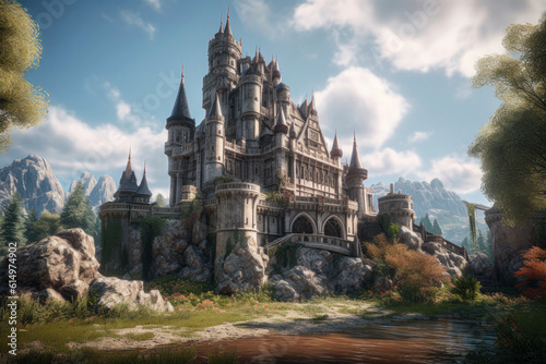 Fantasy scene with fantasy castle in the forest. Generative AI