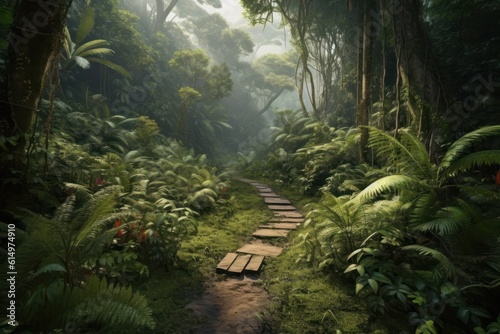 Tropical rainforest with wooden walkway and ferns, Generative AI