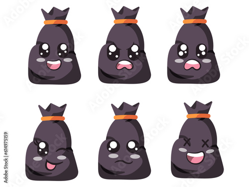 trash junk dirty pack black color garbage bag with big smile angry afraid blinking eye sad and laughing expression feeling emotion