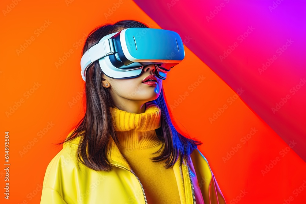 beautiful asian woman wearing virtual reality goggles.Generative Ai beautiful asian woman wearing virtual reality goggles.Generative Ai