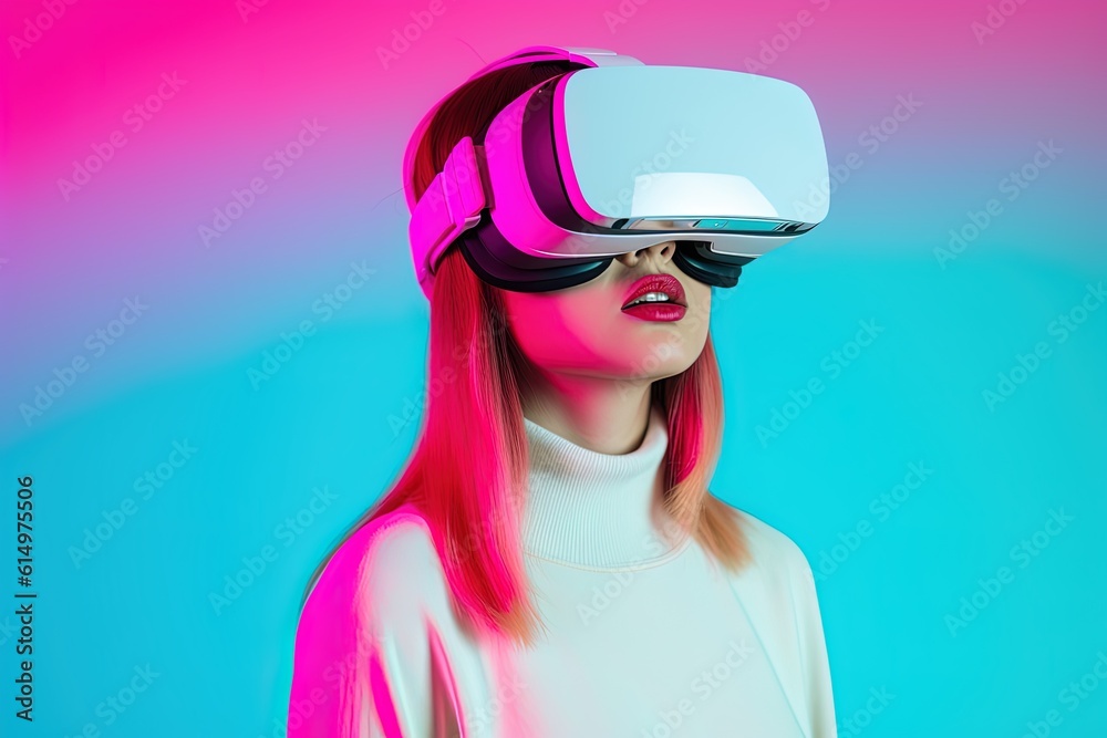 beautiful asian woman wearing virtual reality goggles.Generative Ai beautiful asian woman wearing virtual reality goggles.Generative Ai