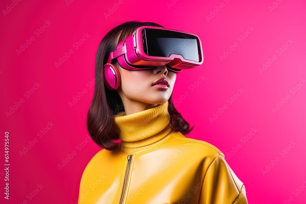 beautiful asian woman wearing virtual reality goggles.Generative Ai beautiful asian woman wearing virtual reality goggles.Generative Ai