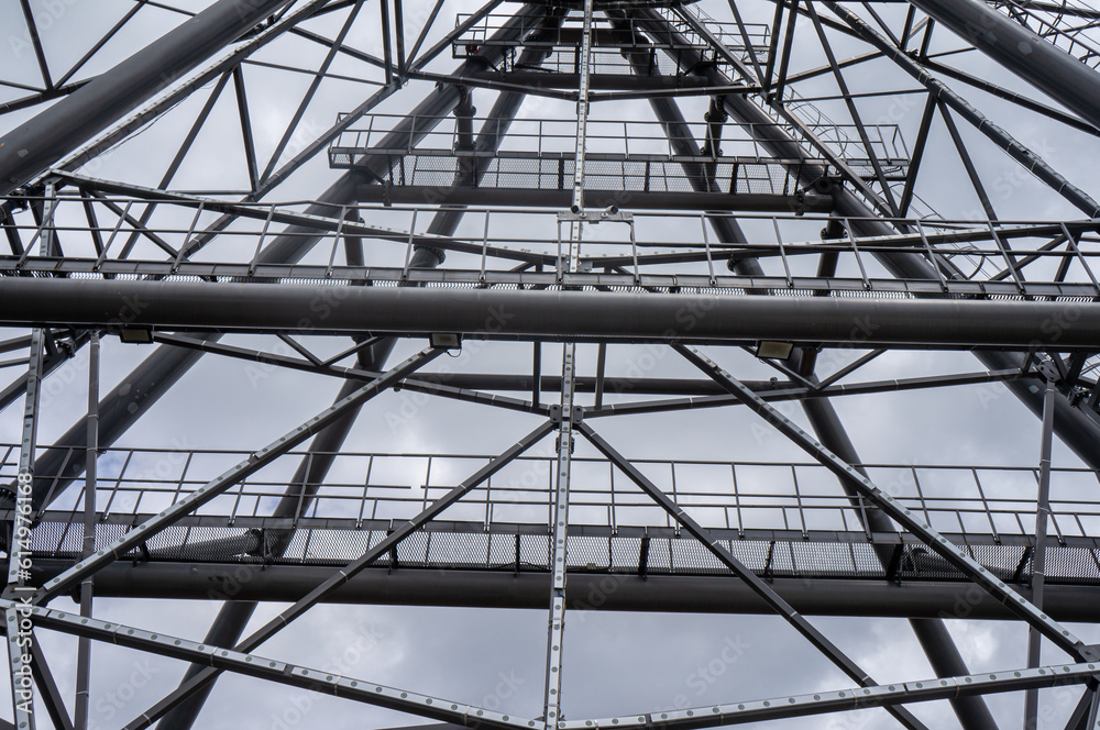 Part of a metal structure made of welded metal beams and pipes