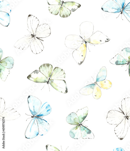 Hand painted watercolor all over seamless butterflies pattern on white background