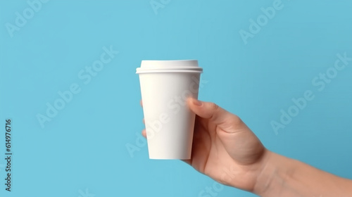 A product mockup in a hand holding a cup, with a white space in it for branding or logo placement, simple blue color background, Generative AI 