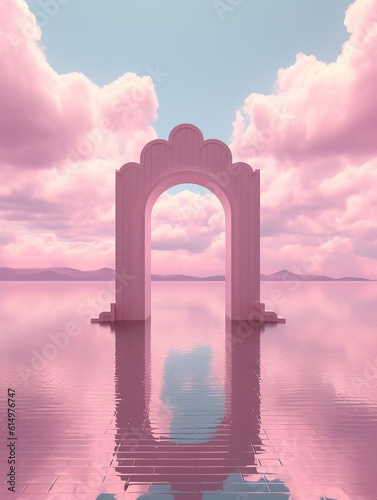 Enraptured by the surreal: a pink archway the water, a gateway to heaven in the clouds, sunrise and sunset off the glassy surface of the lake between earthly building and heavenly landscape ou