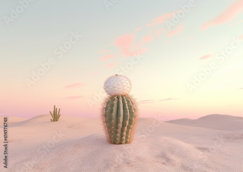 Majestic cacti  unearthly earthscape at sunrise in desert  among winding plains of sand  bathed in dreamlike sky   blanketed in ivory snow