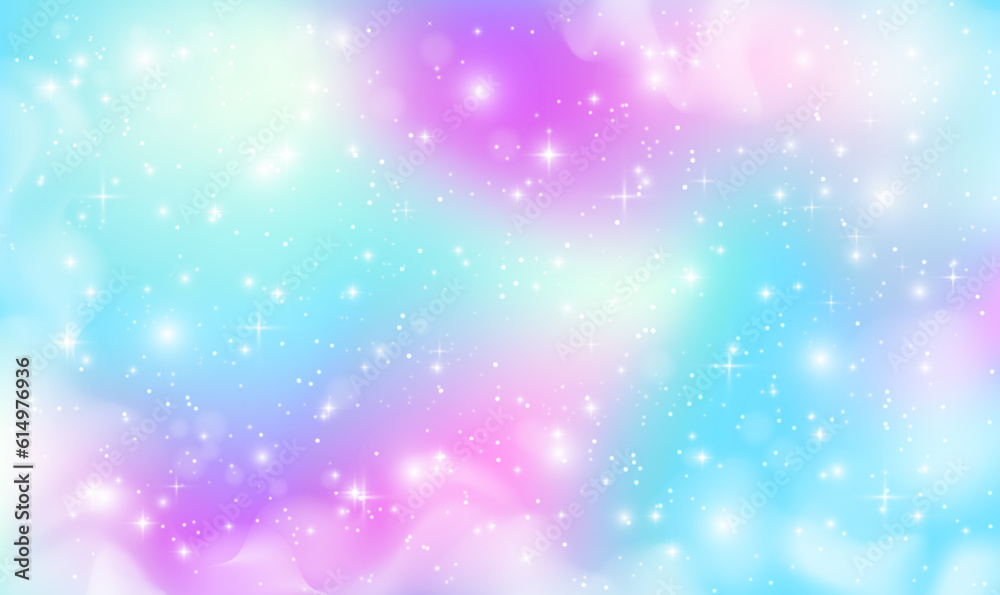 Fantasy background of rainbow magic sky in sparkling light and stars. Holographic fantasy rainbow unicorn background with clouds. Pastel color sky. Kawaii universe banner in princess colors. Vector.