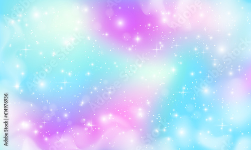 Fantasy background of rainbow magic sky in sparkling light and stars. Holographic fantasy rainbow unicorn background with clouds. Pastel color sky. Kawaii universe banner in princess colors. Vector.