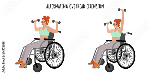 Disabled young woman on wheelchair doing workout