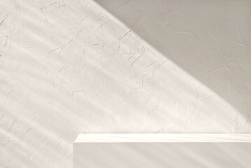 Empty neutral light beige textured podium stage background with abstract lifestyle sunlight shadows. Template for business brand product showcase, sustainable aesthetic backdrop, copy space