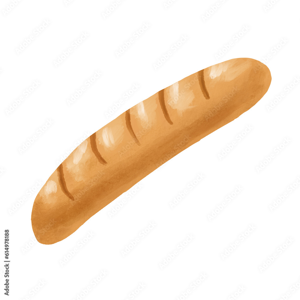 Hand drawn baguette isolated on white background. Food illustration isolated on white. Bakery product