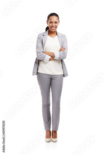 Business woman, arms crossed in full body portrait with confidence in suit isolated on transparent png background. Success, job satisfaction and career, female professional and corporate fashion
