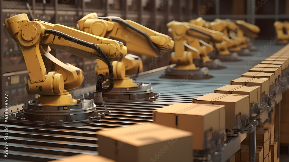 Robot Arms working with cardboard boxes on roller conveyor with storage warehouse background. Generative AI Robot Arms working with cardboard boxes on roller conveyor with storage warehouse background. Generative AI