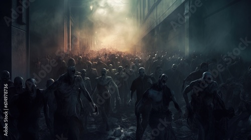 zombie crowd walking at night halloween concept. Generative ai. photo