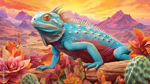 Mexican iguana on the background of a surreal desert. Generative AI. photo