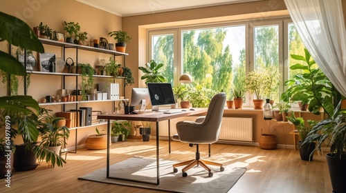 A spacious home office with a large desk  comfortable seating  and plenty of natural light to boost productivity.. Generative AI