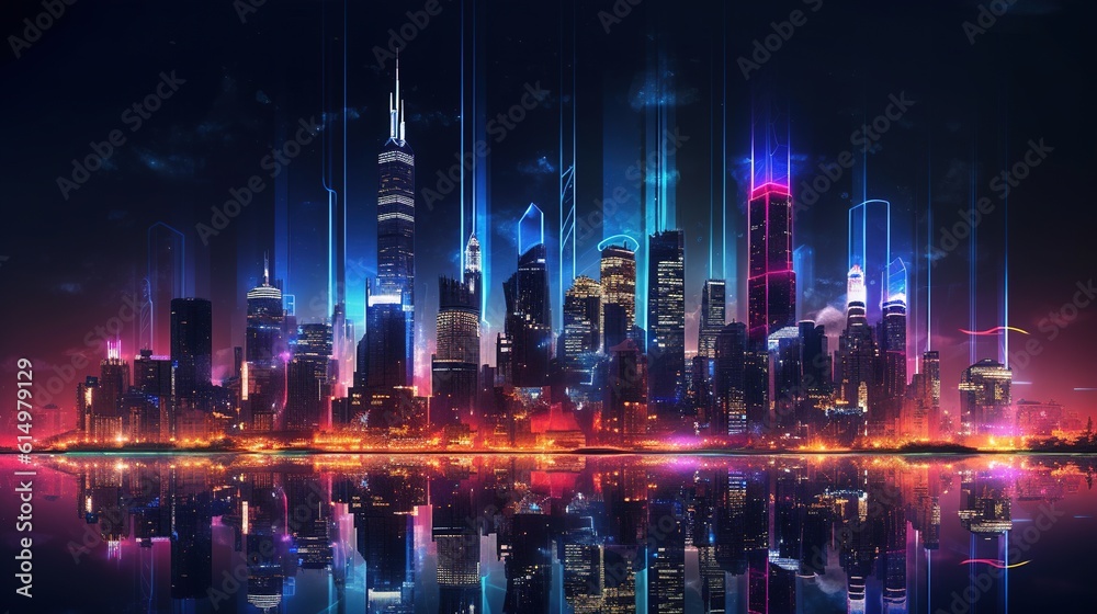 Futuristic night city. Cityscape on a colorful background with bright and glowing neon lights. Wide city front perspective view. Cyberpunk and retro wave style illustration. Generative ai.