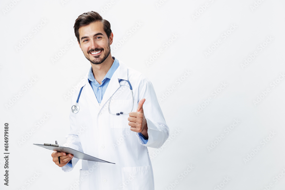 Man doctor in white coat with stethoscope and folder for notes and patient records smile and good test results look into camera on white isolated background, copy space, space for text, health Man doctor in white coat with stethoscope and folder for notes and patient records smile and good test results look into camera on white isolated background, copy space, space for text, health