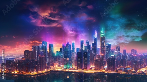 Futuristic night city. Cityscape on a colorful background with bright and glowing neon lights. Wide city front perspective view. Cyberpunk and retro wave style illustration. Generative ai. © Svfotoroom