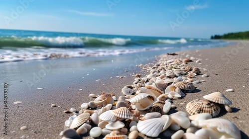 Seashells Sitting on the Beach at Ocean Sunset as a Gentle Wave Rolls to Shore. Generative ai.