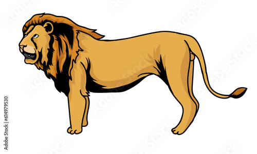 a dashing male lion as the leader of the group on a white background