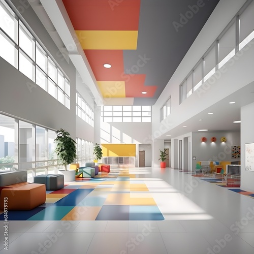 Photographie a large building with colorful flooring and windows