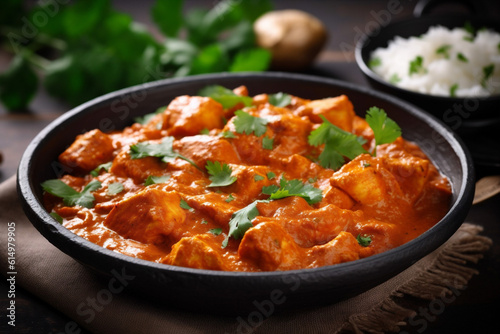 hot masala rice chicken indian sauce asian background red traditional dark. Generative AI.