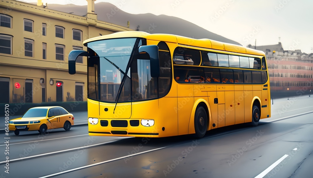 yellow bus on the street,bus , transport, travel, city, wheel, transportation ,AI generate