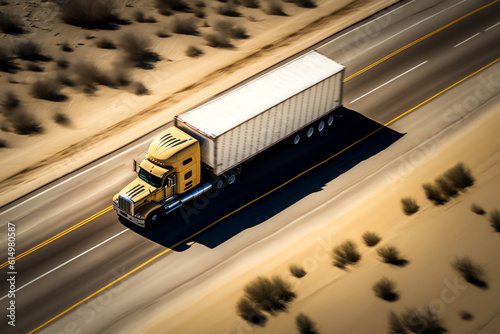 Truck with freight moving fast. Big truck driving on road. Blurred image. Generative AI.