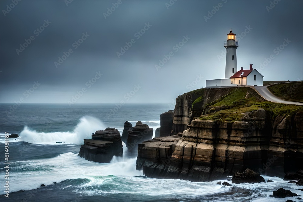 A historic lighthouse standing tall on a rugged coastline, overlooking crashing waves and rocky cliffs.